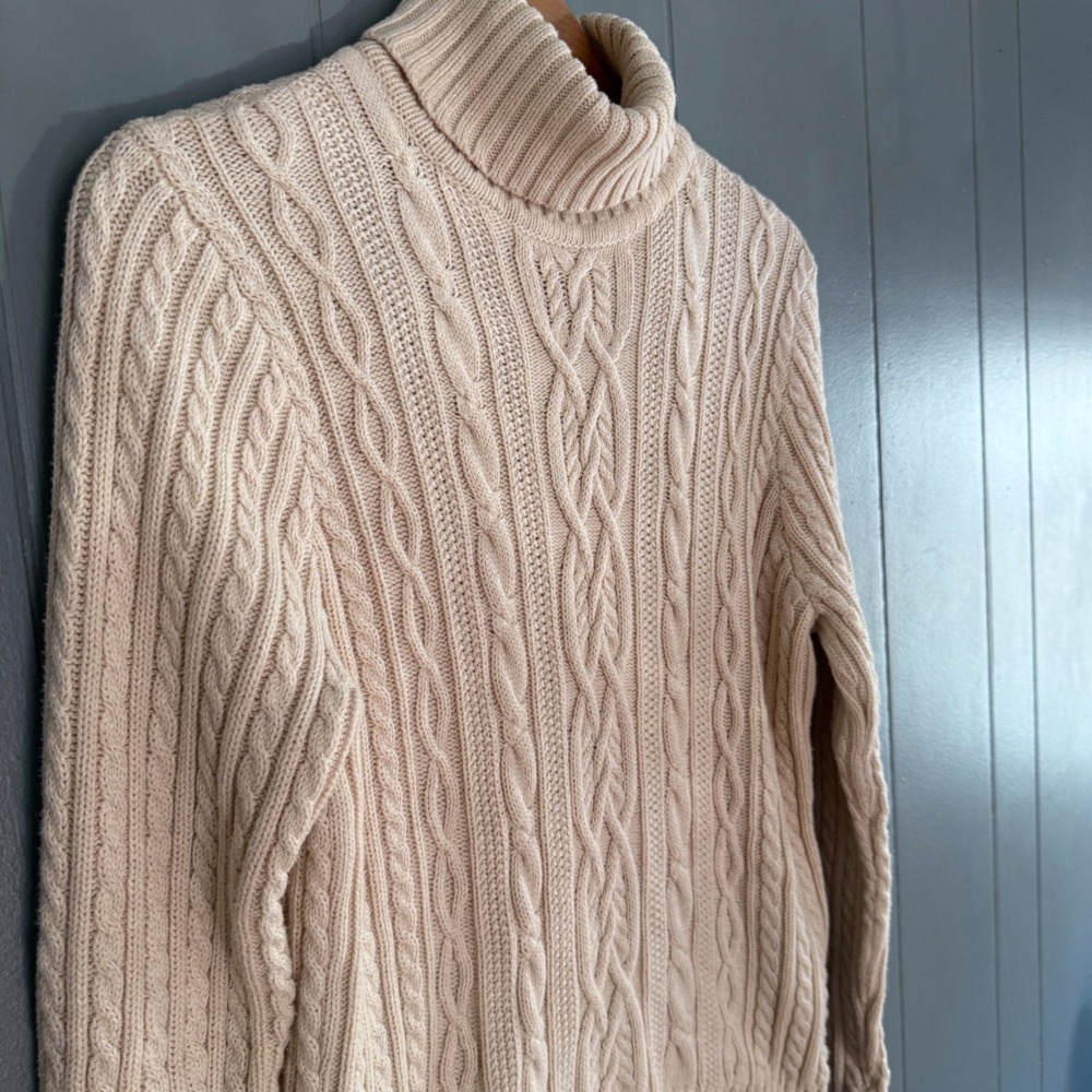 Jeanne Pierre Womens Cream Ivory Large Cable Knit Turtleneck Cotton Sweater